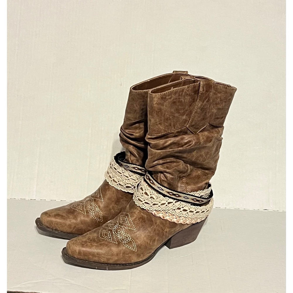 BKE Soul Women's Brown Western Cowboy Slouch Boots Size 9M Boho Lace Strap